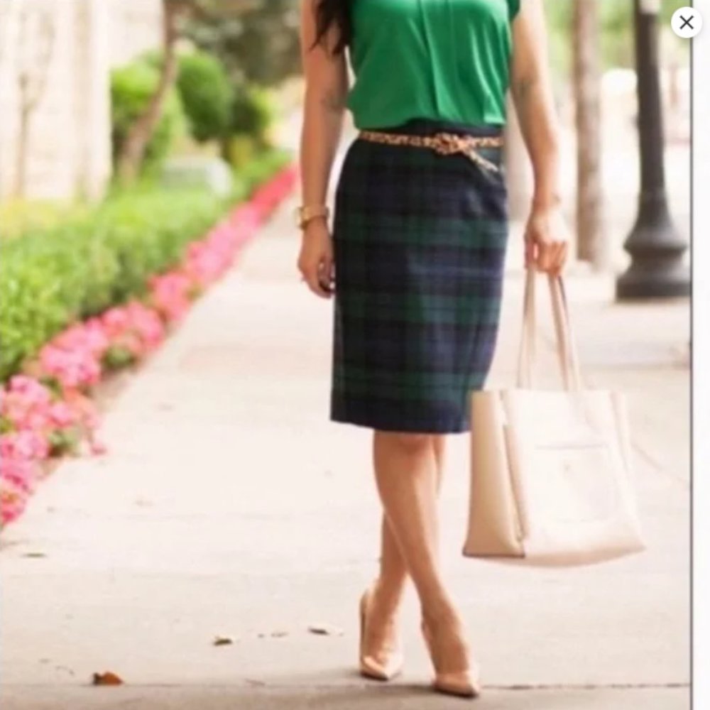 J Crew Plaid Tartan Green Navy Pencil Skirt Size 6